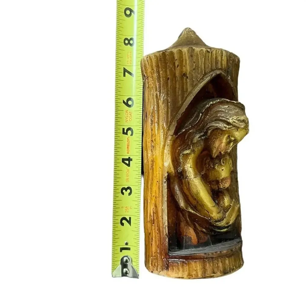Madonna and Child Candle Carved Wax Vintage Catholic Wood Look Mid Century Jesus